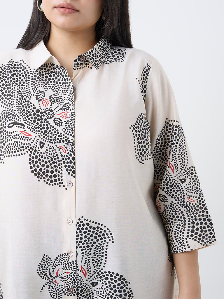 Diza Cream Floral Printed High-Low Tunic