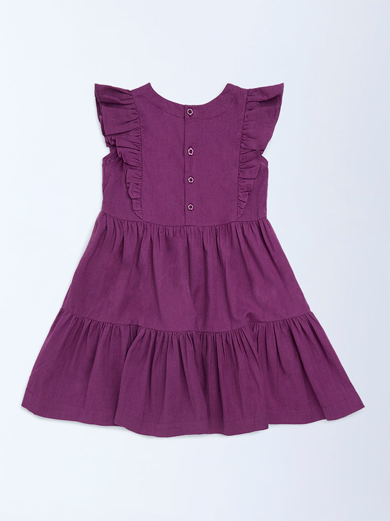 Utsa Kids Girls Purple Floral Embroidered Tiered Cotton-Blend Dress - (2-8 yrs)