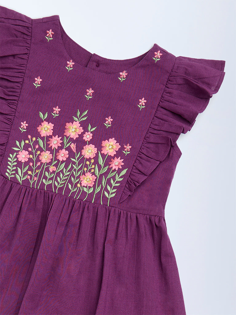 Utsa Kids Girls Purple Floral Embroidered Tiered Cotton-Blend Dress - (2-8 yrs)