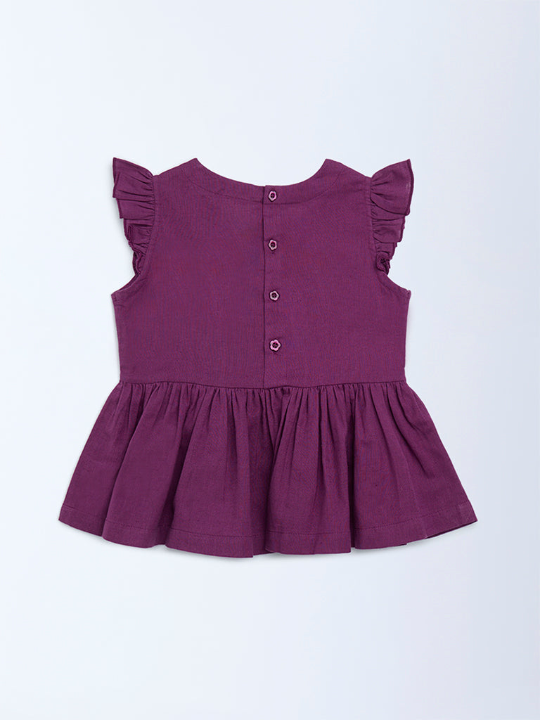 Utsa Kids Girls Purple Floral Embroidered Cotton-Blend Peplum Top (2-8 yrs)