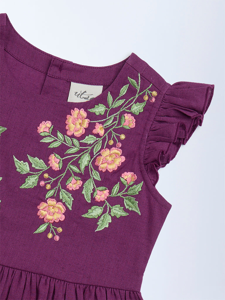 Utsa Kids Girls Purple Floral Embroidered Cotton-Blend Peplum Top (2-8 yrs)