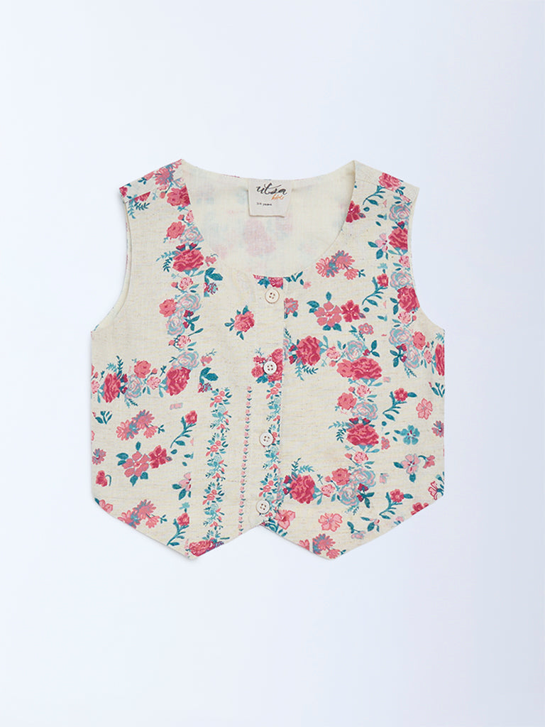 Utsa Kids Girls Off-White Floral Cotton-Blend Waistcoat - (2-8 yrs)