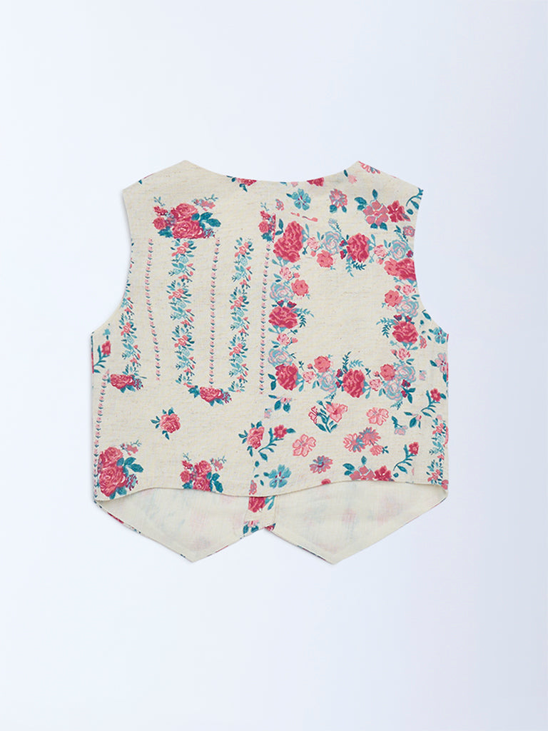 Utsa Kids Girls Off-White Floral Cotton-Blend Waistcoat - (2-8 yrs)