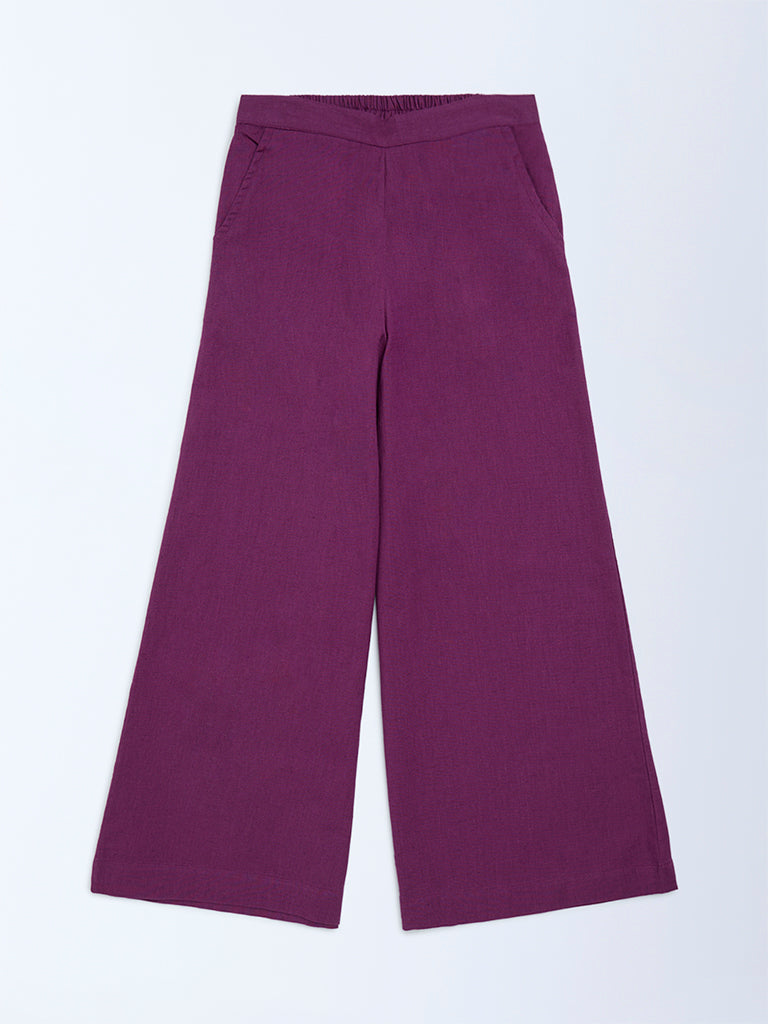 Utsa Kids Girls Purple Solid Cotton-Blend Pants (8-14 yrs)