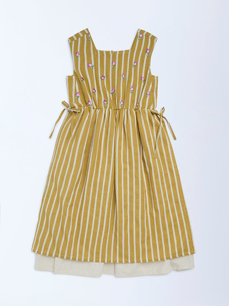 Utsa Kids Girls Mustard Striped A-Line Cotton-Blend Dress - (8-14 yrs)