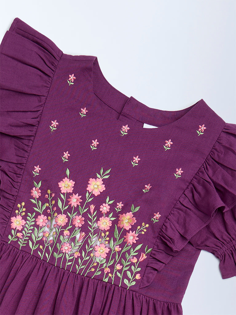 Utsa Kids Girls Purple Floral Embroidered Tiered Cotton-Blend Dress - (8-14 yrs)