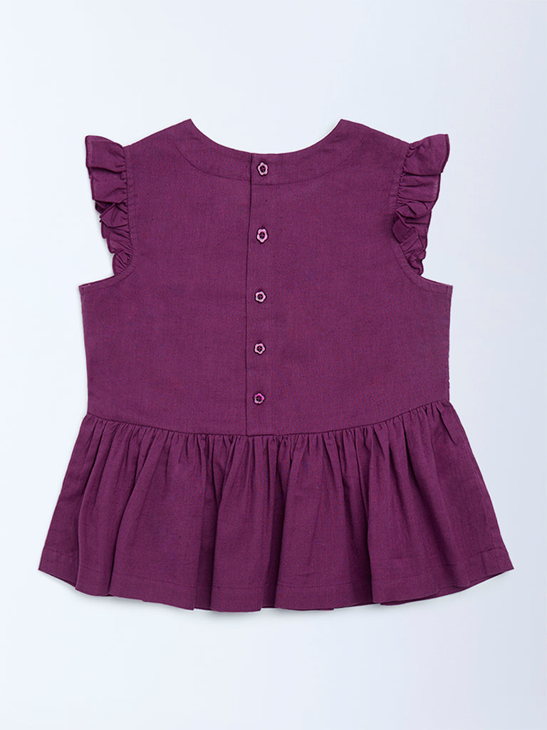 Utsa Kids Girls Purple Floral Embroidered Cotton-Blend Peplum Top (8-14 yrs)