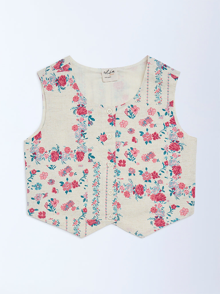 Utsa Kids Girls Off-White Floral Cotton-Blend Waistcoat - (8-14 yrs)