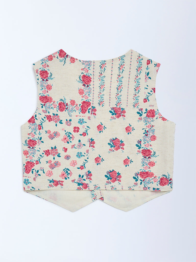 Utsa Kids Girls Off-White Floral Cotton-Blend Waistcoat - (8-14 yrs)