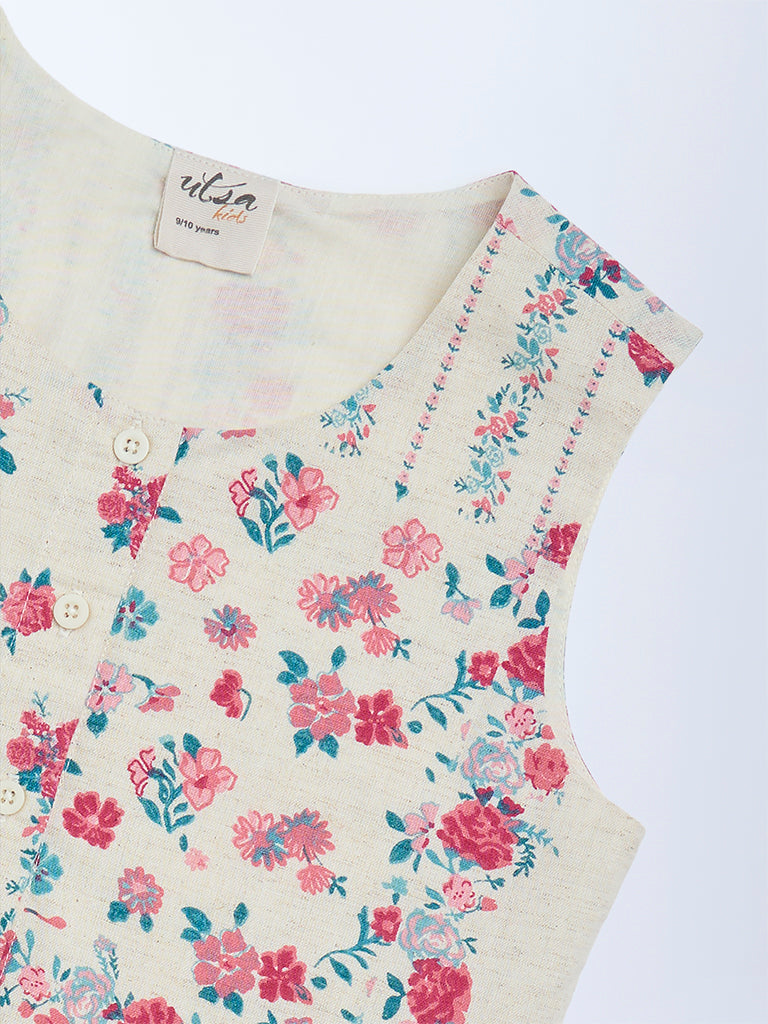 Utsa Kids Girls Off-White Floral Cotton-Blend Waistcoat - (8-14 yrs)