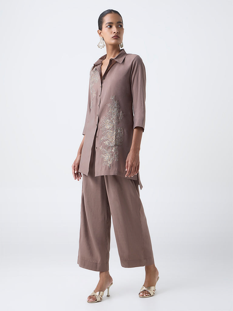 Vark Brown Floral Embroidered Co-ord Set