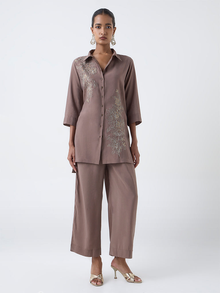 Vark Brown Floral Embroidered Co-ord Set