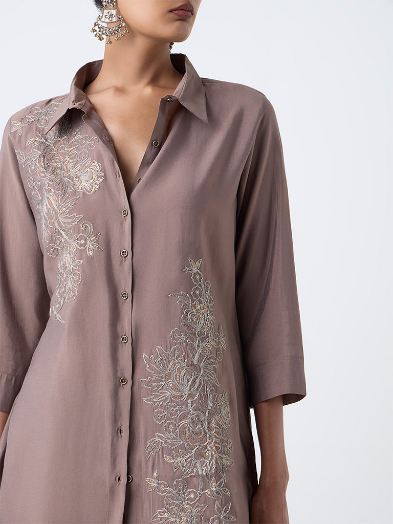 Vark Brown Floral Embroidered Co-ord Set