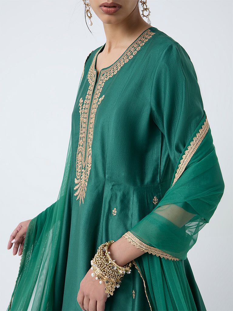 slim fit dress slacks Betty Girls' Green Ethnic Printed Flared Gown with Drape – Festive Wear.  Gown Betty Ethnic India main image 0