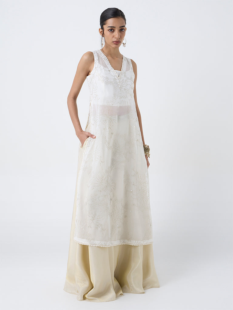 Vark Off-White Floral Embroidered A-Line Kurta with Inner
