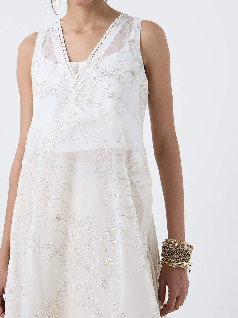 Vark Off-White Floral Embroidered A-Line Kurta with Inner