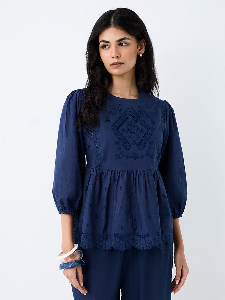 Utsa Indigo Floral Embroidered Cotton Peplum Tunic