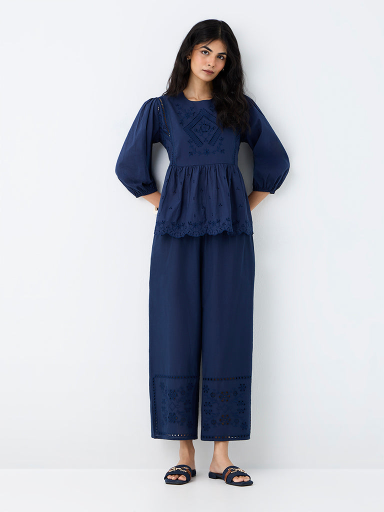 Utsa Indigo Floral Embroidered Cotton Peplum Tunic