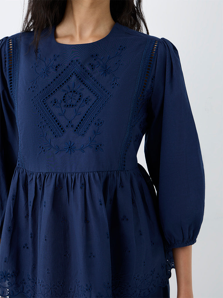 Utsa Indigo Floral Embroidered Cotton Peplum Tunic