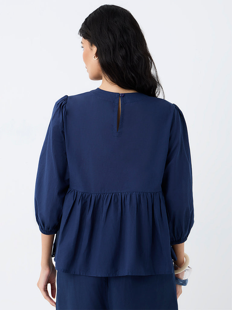 Utsa Indigo Floral Embroidered Cotton Peplum Tunic
