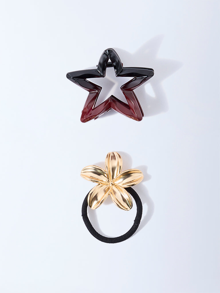 Studiowest Gold Flower Hair Tie and Star Clips - Pack of 2