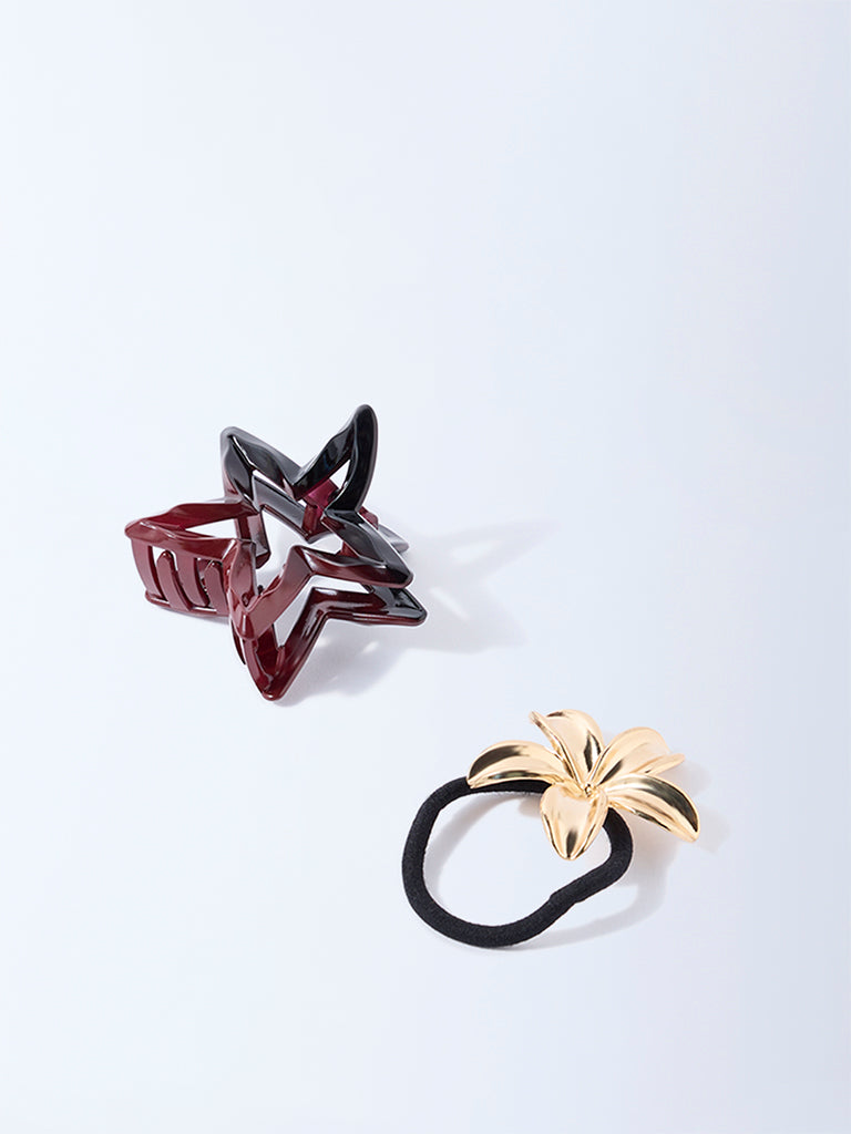 Studiowest Gold Flower Hair Tie and Star Clips - Pack of 2