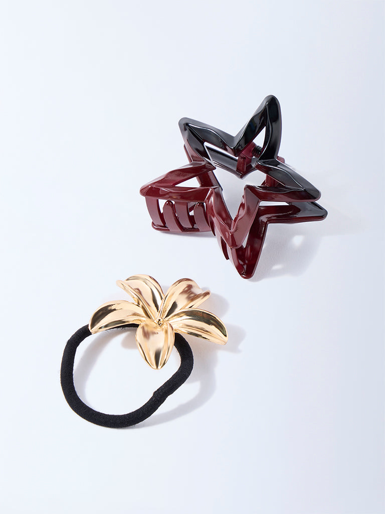 Studiowest Gold Flower Hair Tie and Star Clips - Pack of 2