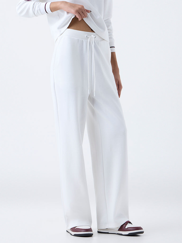 Studiofit White Embellished High-Rise Cotton-Blend Pants
