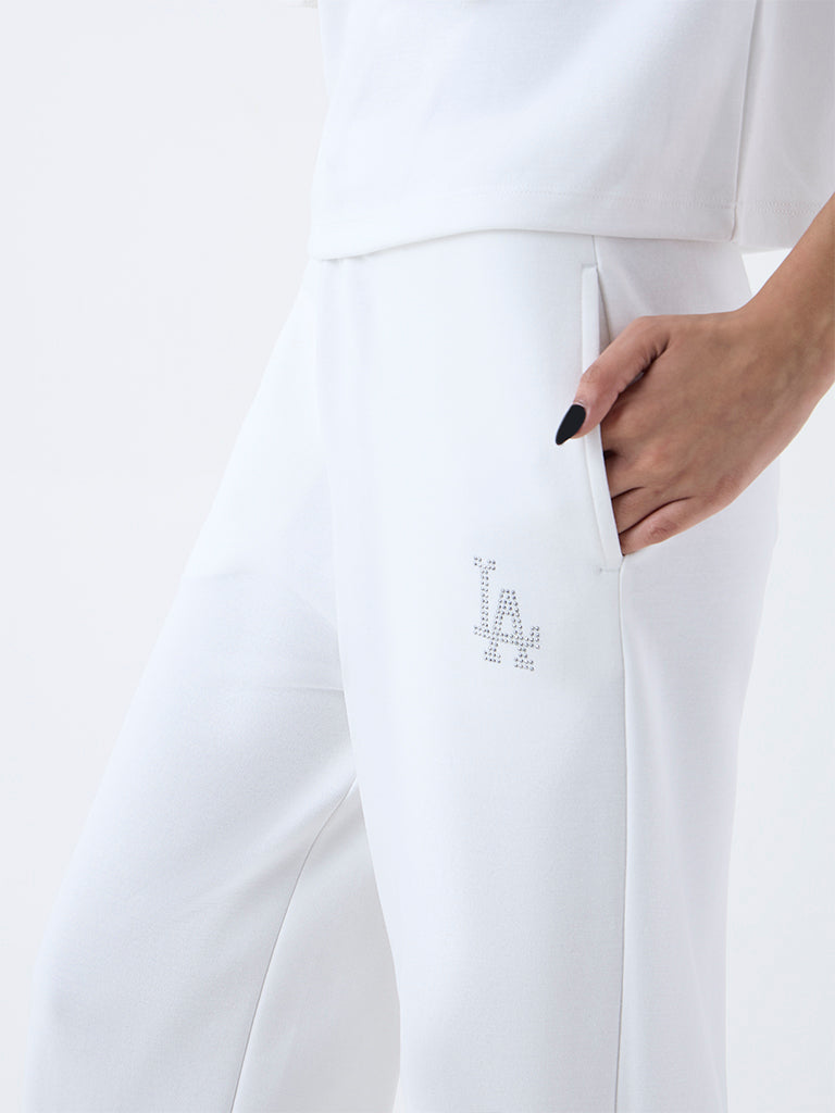 Studiofit White Embellished High-Rise Cotton-Blend Pants