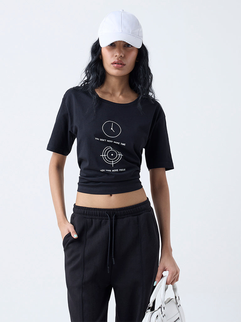 Studiofit Black Printed Cotton T-Shirt