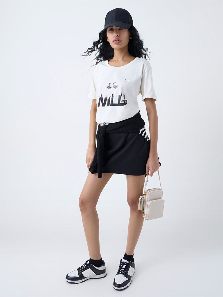 Studiofit Off-White Text Printed Cotton T-Shirt