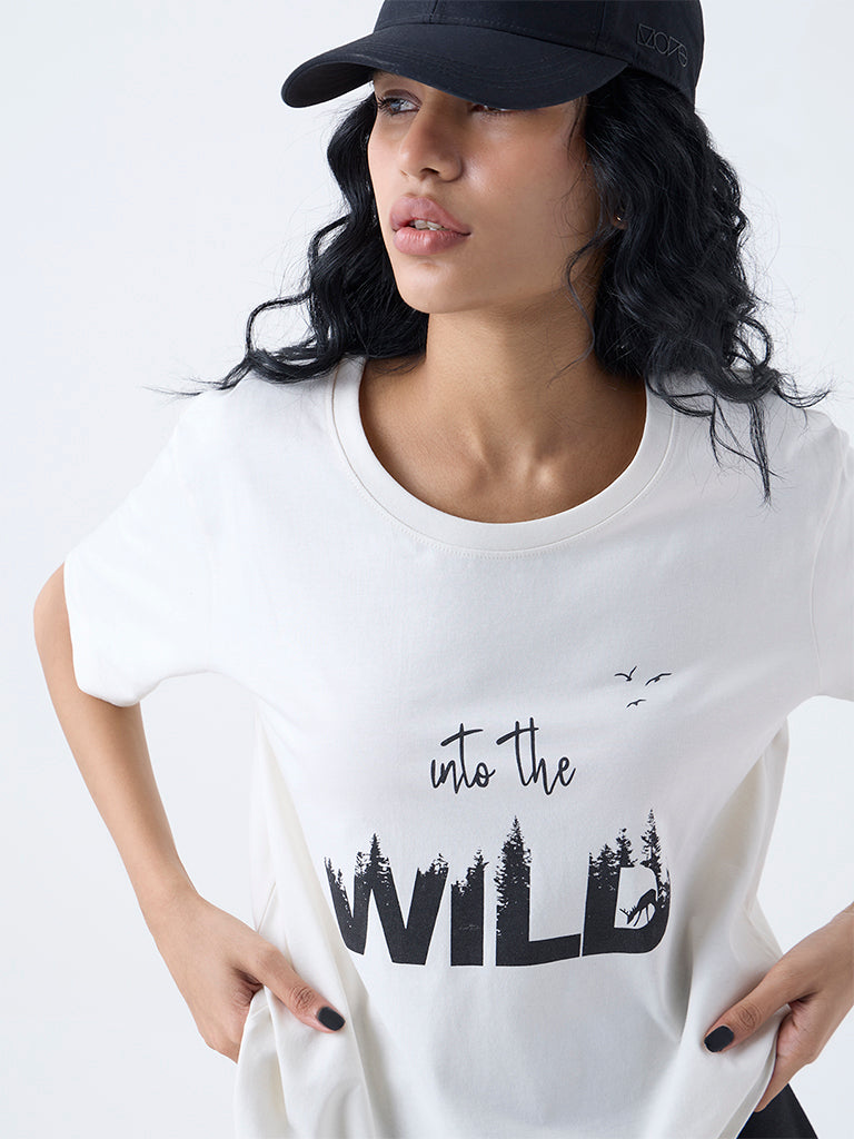 Studiofit Off-White Text Printed Cotton T-Shirt