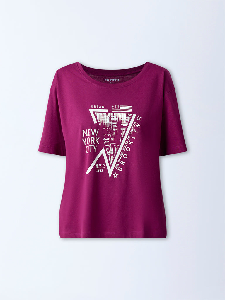 Studiofit Plum Cityscape-Inspired Cotton T-Shirt