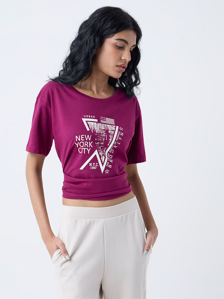 Studiofit Plum Cityscape-Inspired Cotton T-Shirt