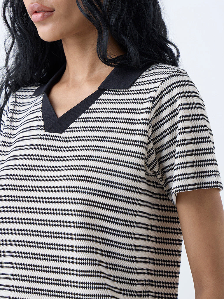 Studiofit Cream Striped Cotton-Blend T-Shirt