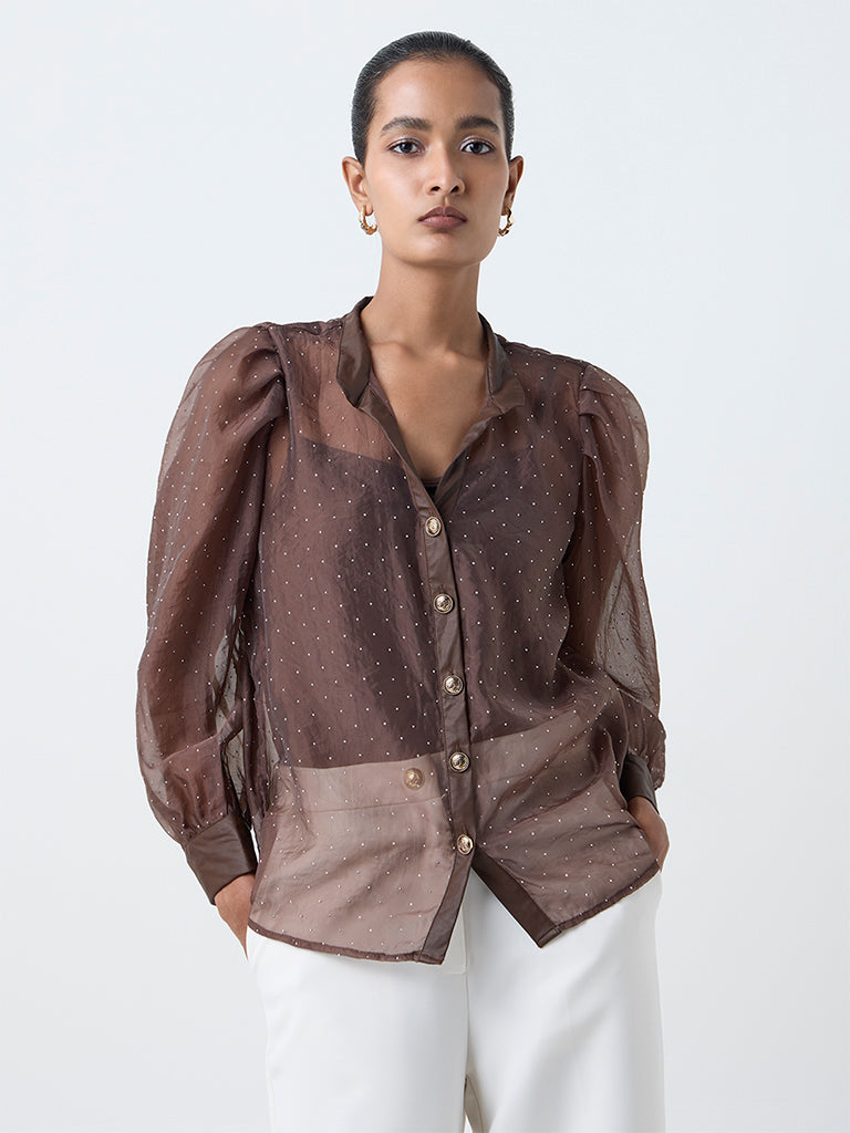 Wardrobe Dark Brown Embellished Blouse with Camisole