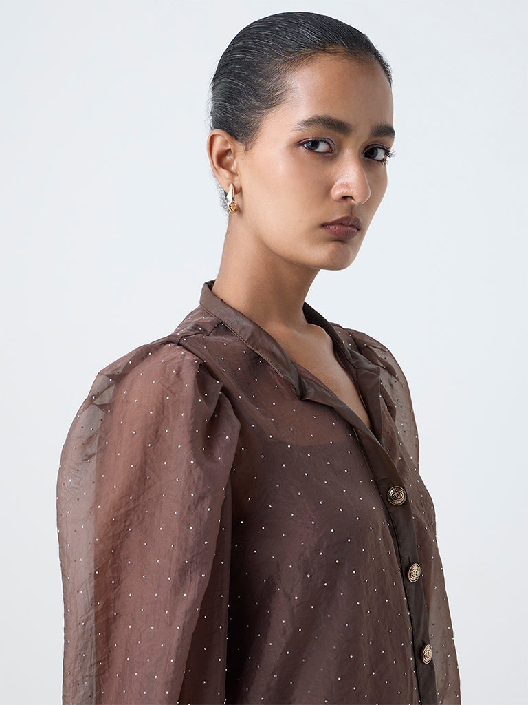 Wardrobe Dark Brown Embellished Blouse with Camisole