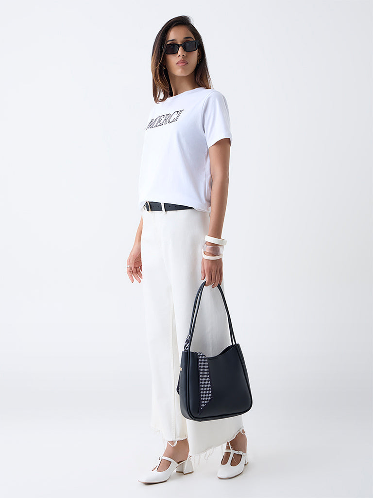 LOV White Text Detailed Cotton T-Shirt