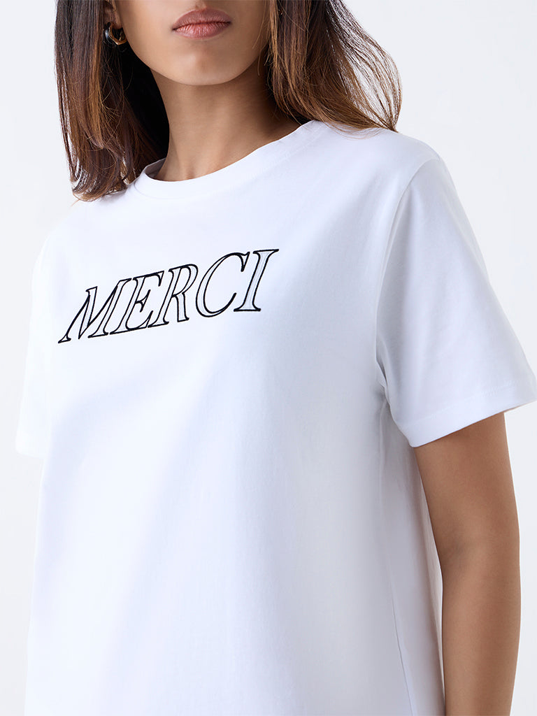 LOV White Text Detailed Cotton T-Shirt