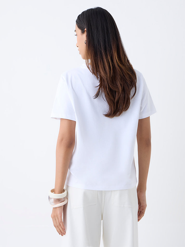 LOV White Text Detailed Cotton T-Shirt