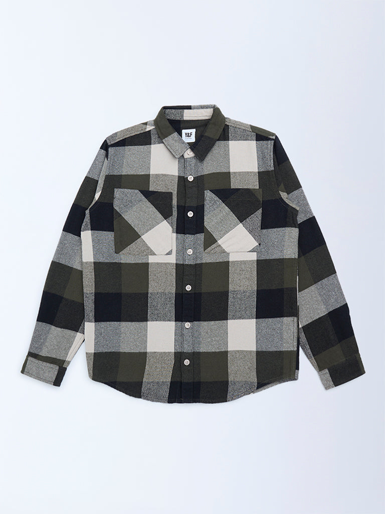 Boys Olive Checks Design Cotton Shirt