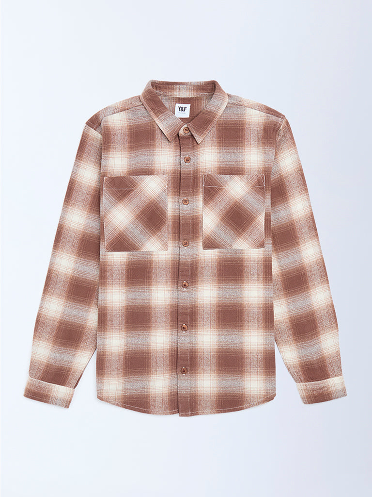 Boys Brown Checkered Cotton Shirt