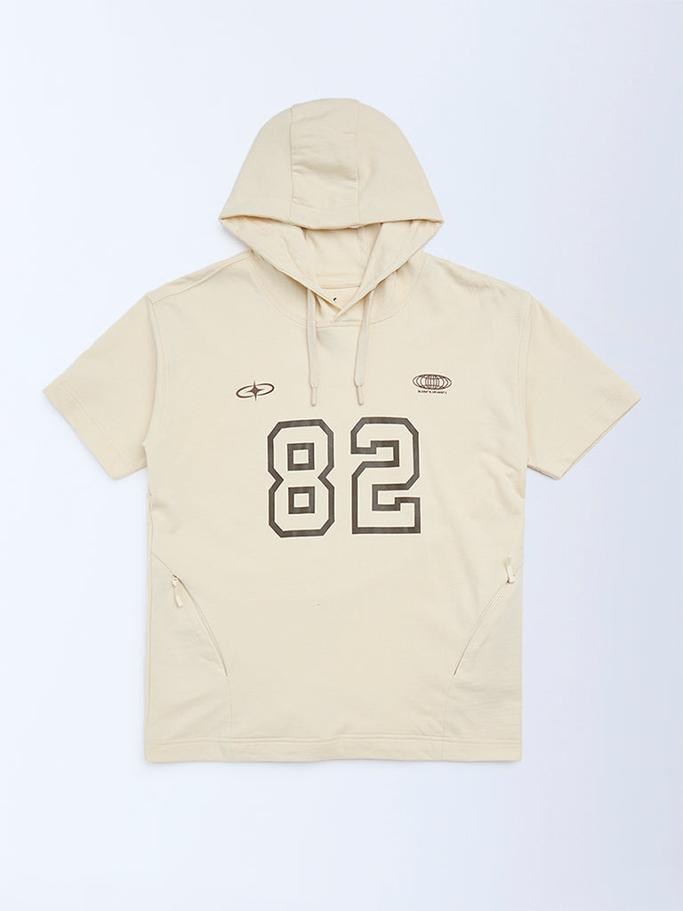 Boys Beige Printed Cotton Hoodie