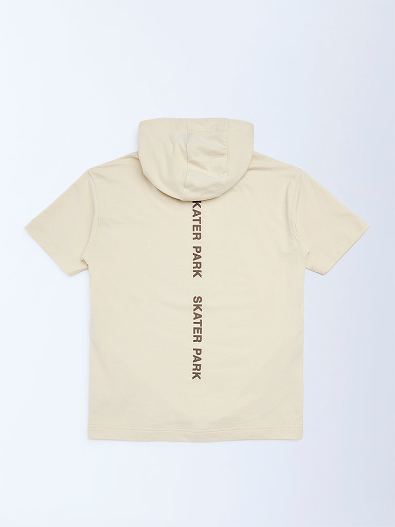 Boys Beige Printed Cotton Hoodie