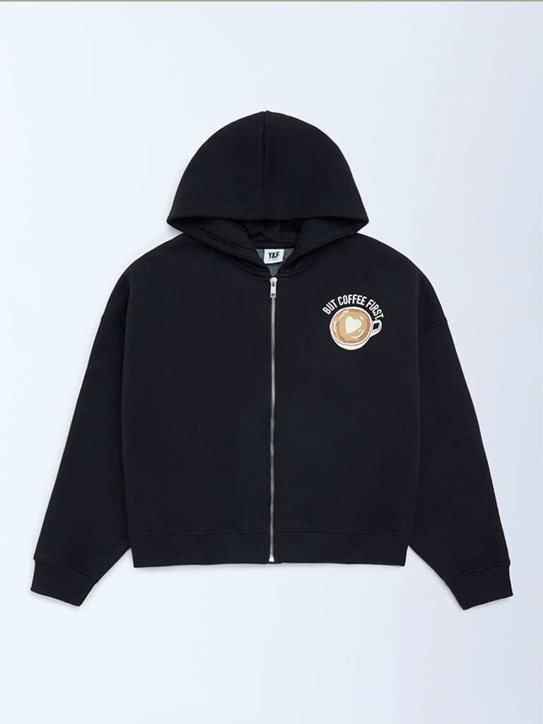 Girls Black Printed Cotton-Blend Hoodie