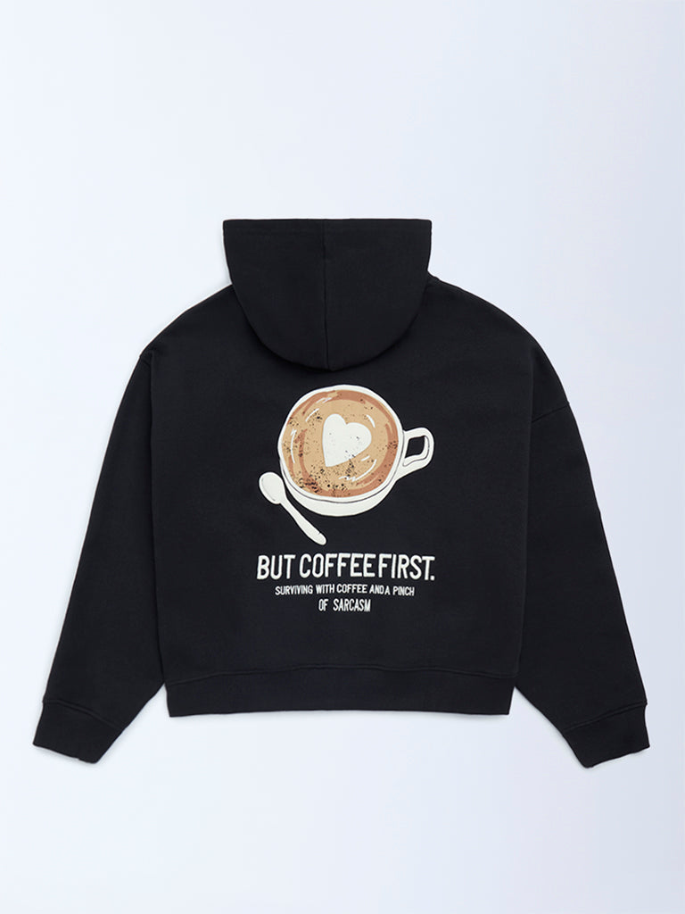 Girls Black Printed Cotton-Blend Hoodie