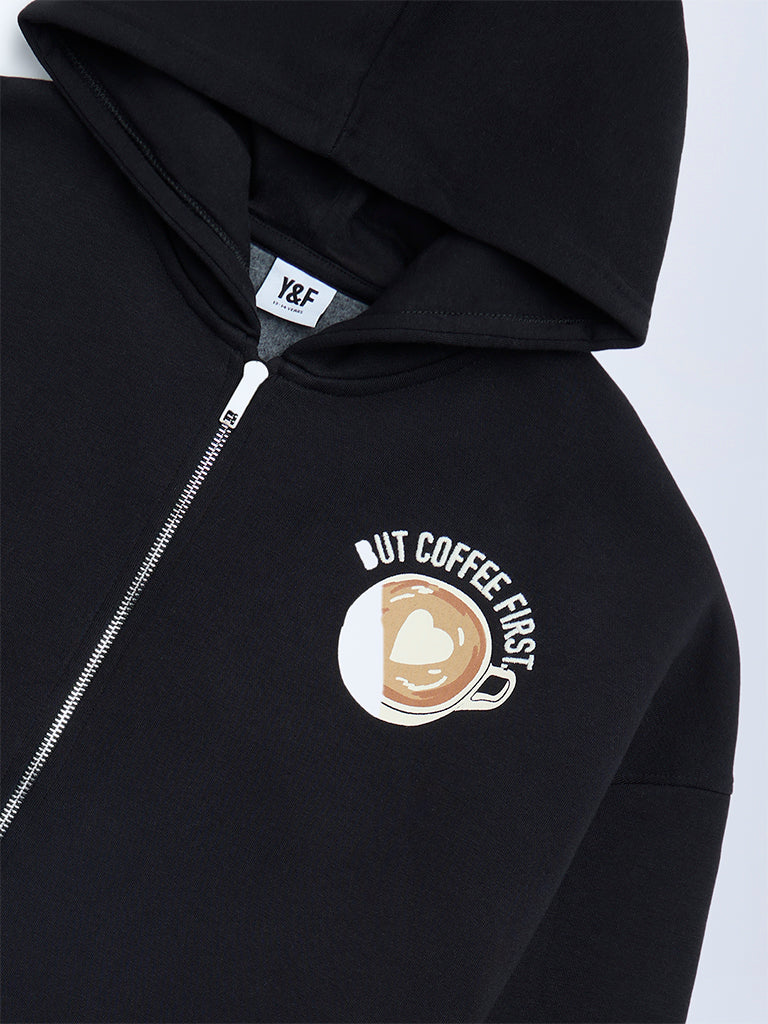 Girls Black Printed Cotton-Blend Hoodie