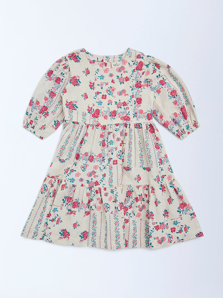 Utsa Kids Girls Off-White Floral Cotton-Blend Tiered Dress - (2-8 yrs)
