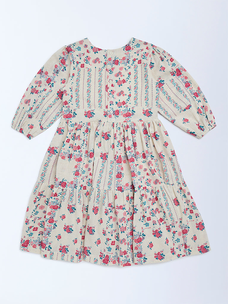 Utsa Kids Girls Off-White Floral Cotton-Blend Tiered Dress - (8-14 yrs)
