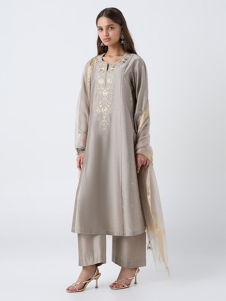 Vark Light Taupe Floral Embroidered A-Line Ethnic Set